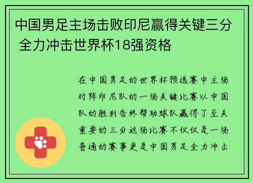 中国男足主场击败印尼赢得关键三分 全力冲击世界杯18强资格